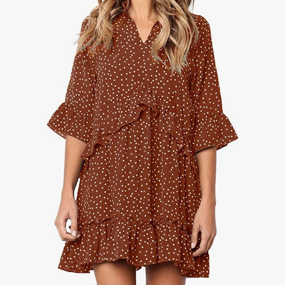 Mitilly Dress XL Brown, with a burnt orange tint, with white polka dots